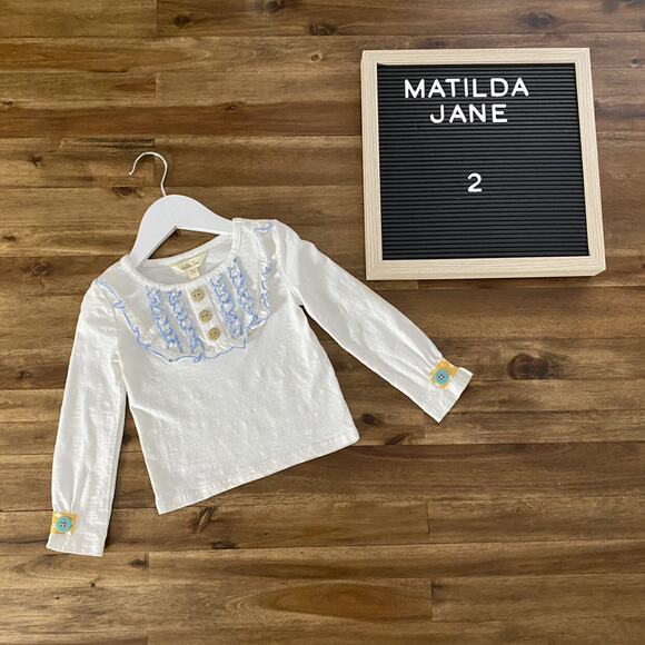 NEW Matilda Jane Once Upon A Time Cream Blue Long Sleeve Knit Dinah Ruffle Tee - Picture 1 of 8